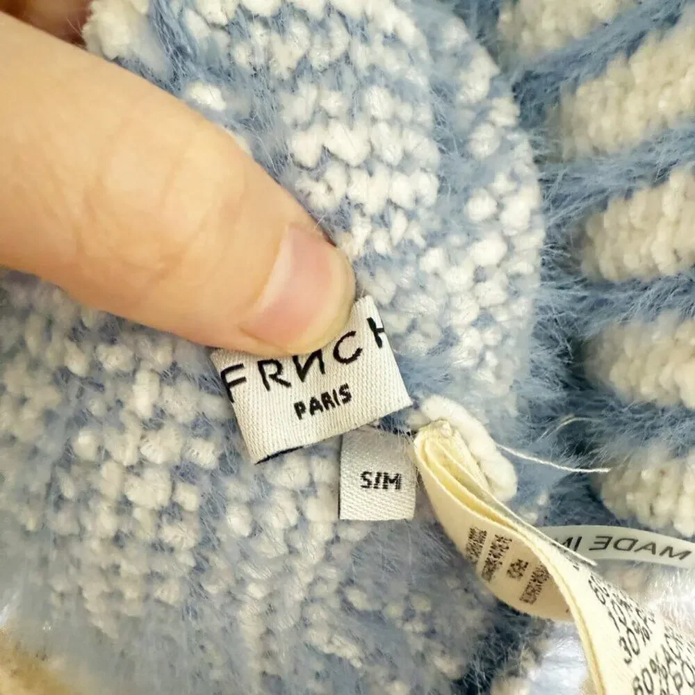 FRNCH Blue/White Herringbone Cardigan Size S/M V-Neck Button Up Oversized Fit